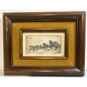 M Mary Ann Lehman 6 horses 33/100 etching Western stagecoach small art 1970s VTG